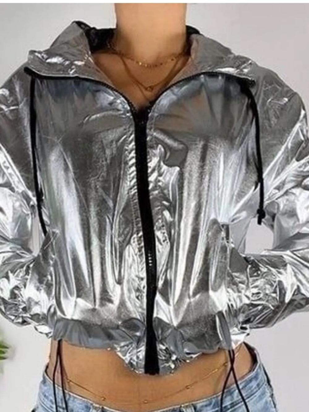 IVY PARK Metallic Silver Hooded Crop Bomber Jacket
